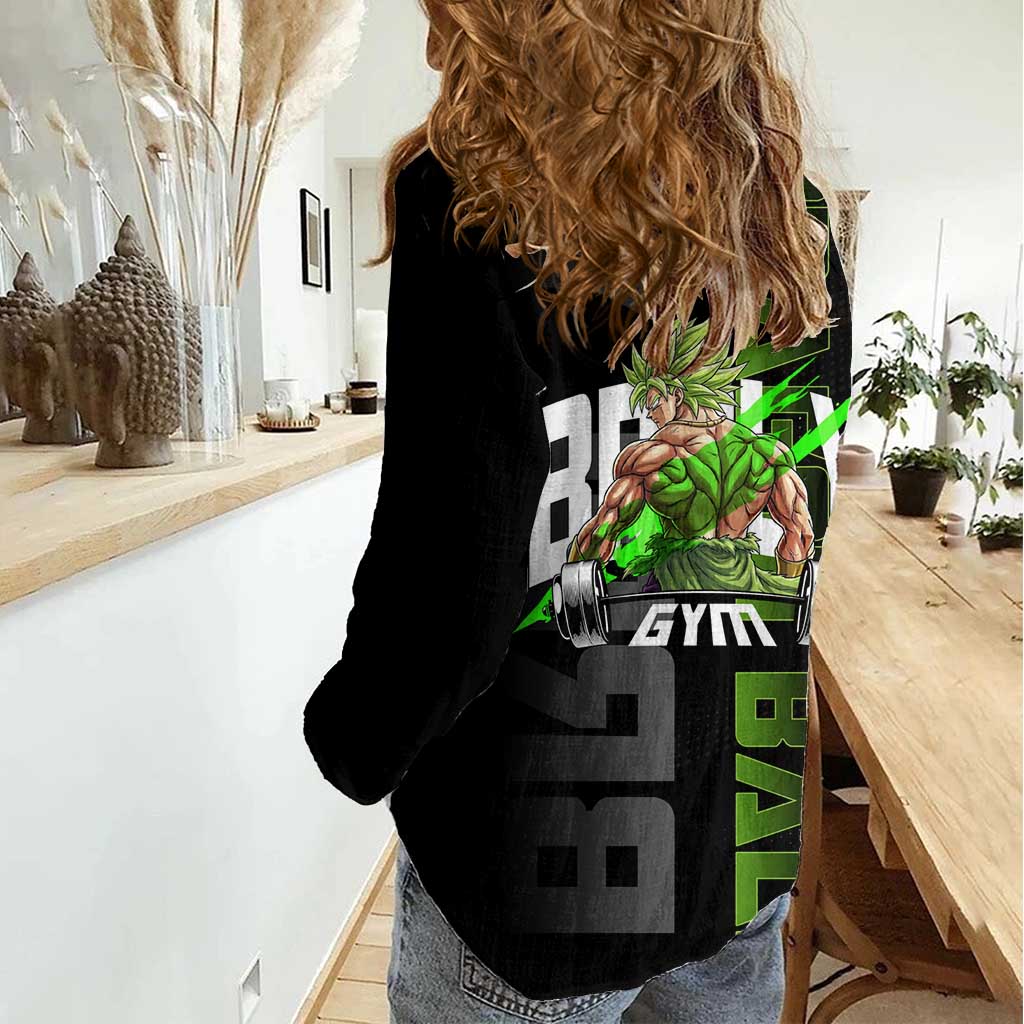 Broly Gym Theme Black and Green Design Women Casual Shirt with Powerlifting Pose and Electrified Muscle Artwork - The Mazicc