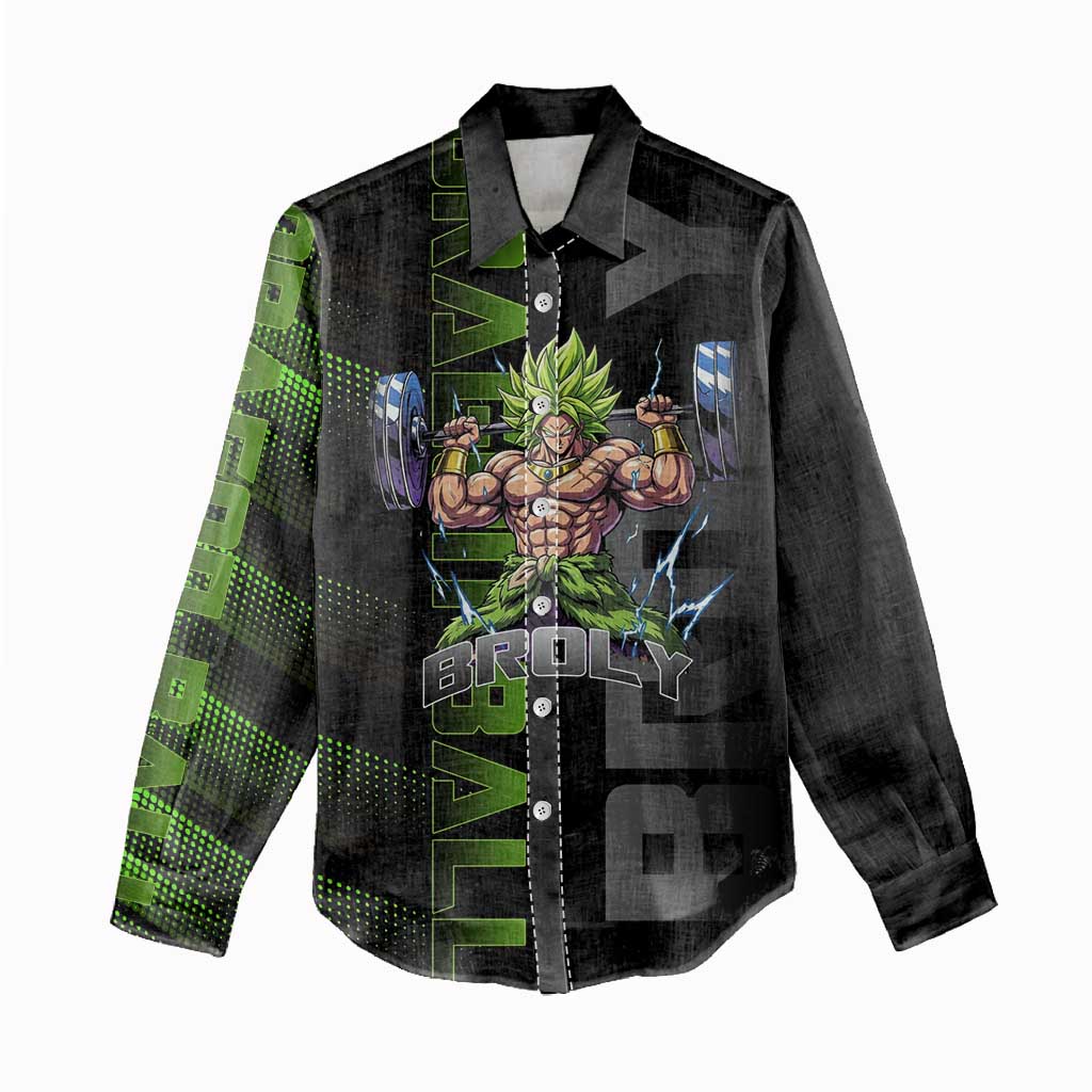 Broly Gym Theme Black and Green Design Women Casual Shirt with Powerlifting Pose and Electrified Muscle Artwork - The Mazicc