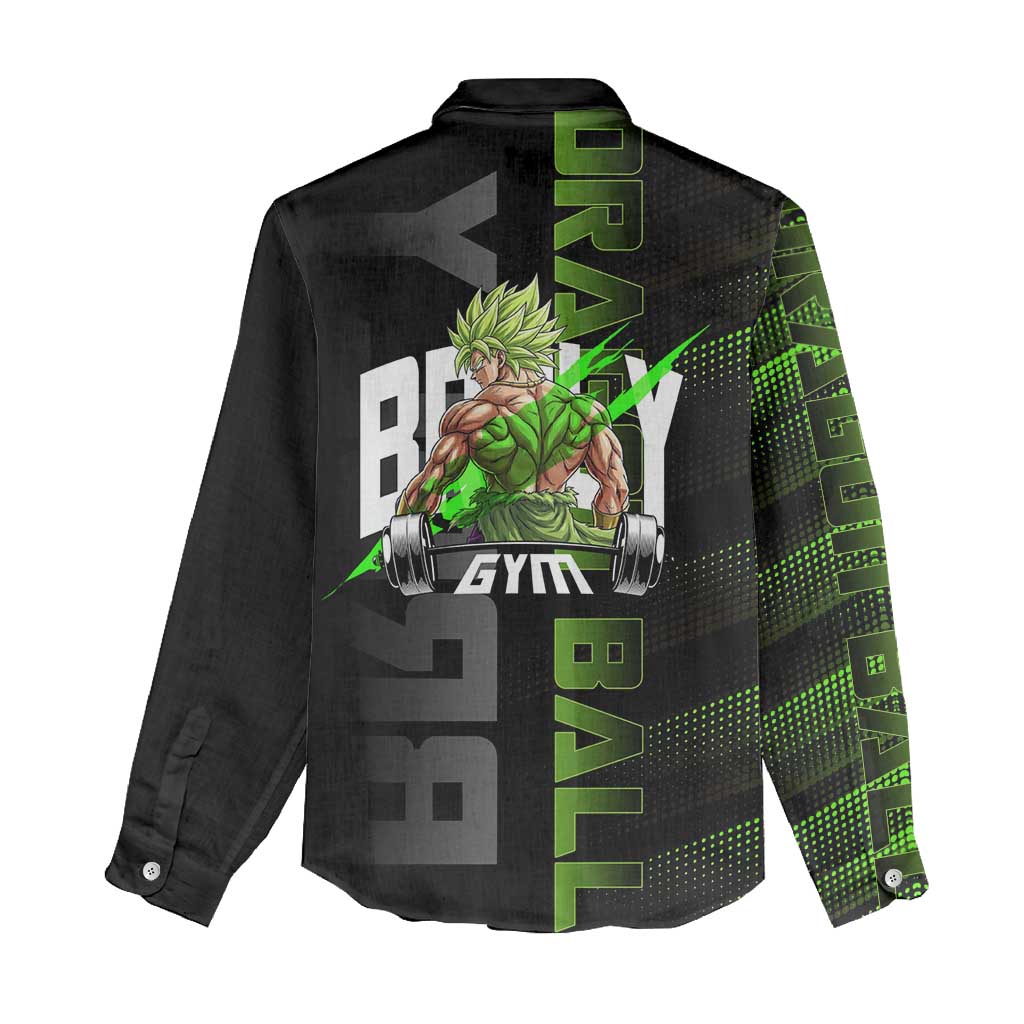 Broly Gym Theme Black and Green Design Women Casual Shirt with Powerlifting Pose and Electrified Muscle Artwork - The Mazicc