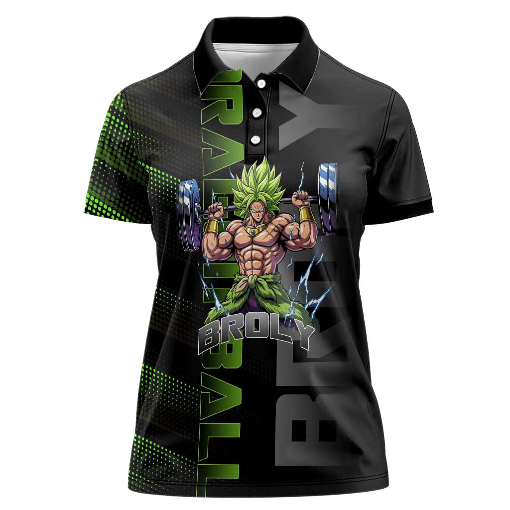 Broly Gym Theme Black and Green Design Women Polo Shirt with Powerlifting Pose and Electrified Muscle Artwork - The Mazicc