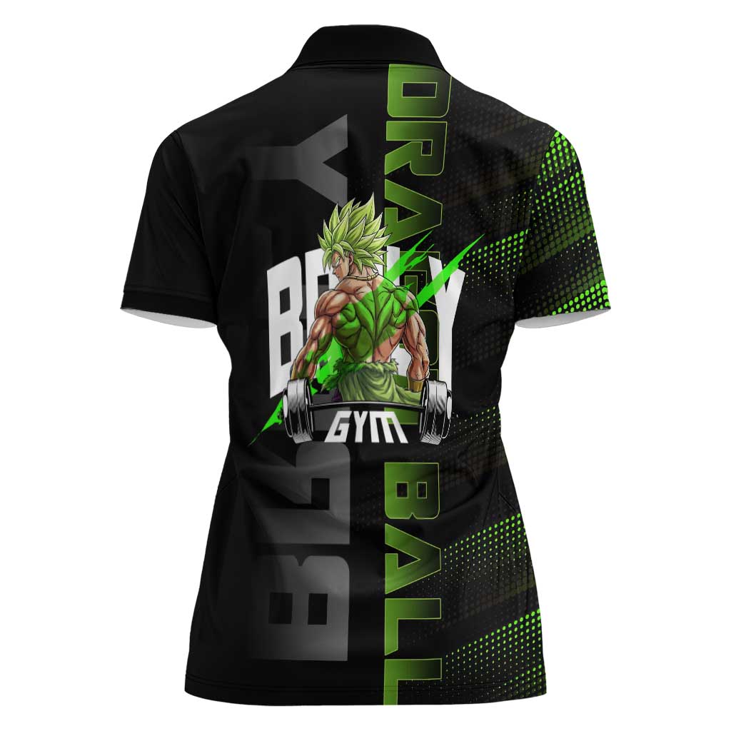 Broly Gym Theme Black and Green Design Women Polo Shirt with Powerlifting Pose and Electrified Muscle Artwork - The Mazicc