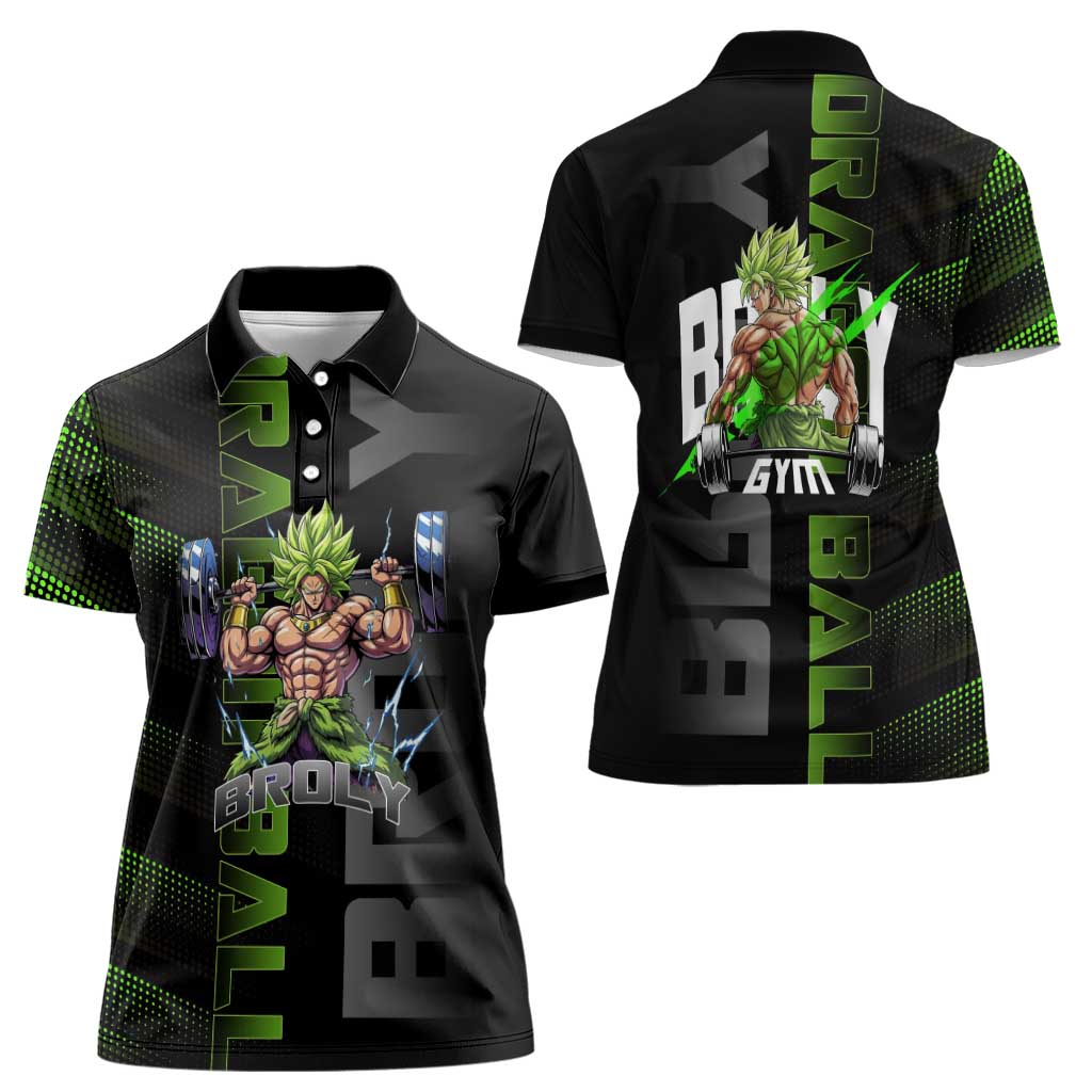 Broly Gym Theme Black and Green Design Women Polo Shirt with Powerlifting Pose and Electrified Muscle Artwork - The Mazicc