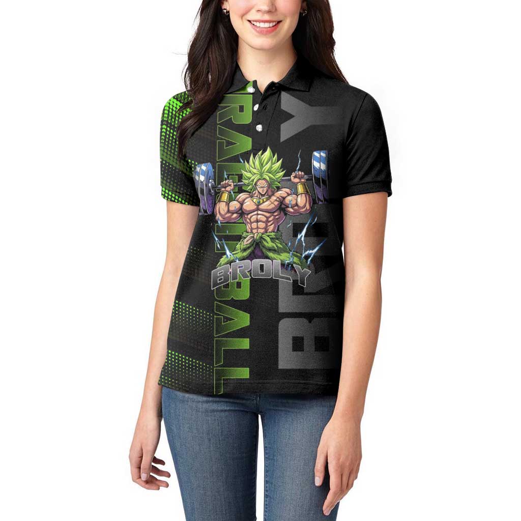 Broly Gym Theme Black and Green Design Women Polo Shirt with Powerlifting Pose and Electrified Muscle Artwork - The Mazicc