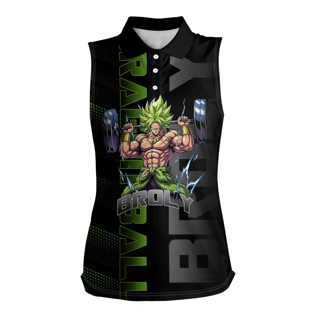 Broly Gym Theme Black and Green Design Women Sleeveless Polo Shirt with Powerlifting Pose and Electrified Muscle Artwork - The Mazicc