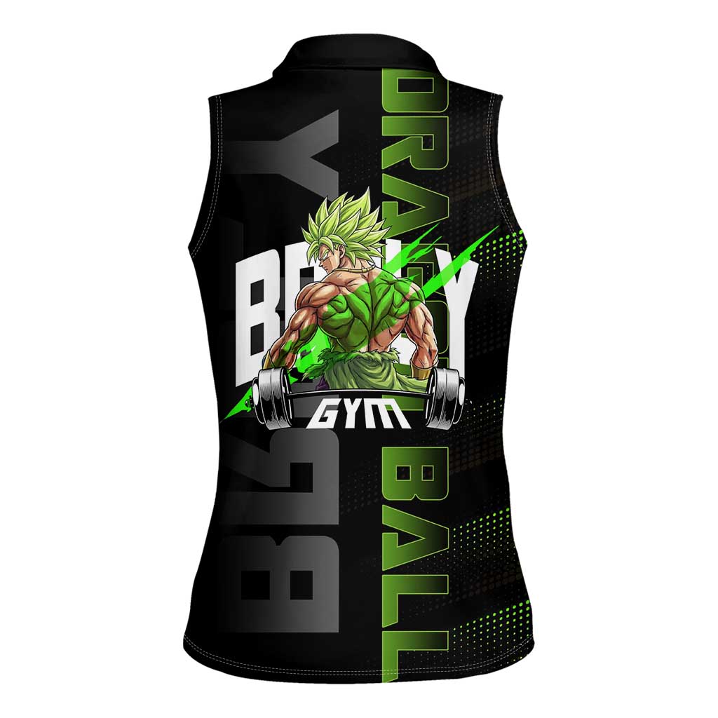 Broly Gym Theme Black and Green Design Women Sleeveless Polo Shirt with Powerlifting Pose and Electrified Muscle Artwork - The Mazicc