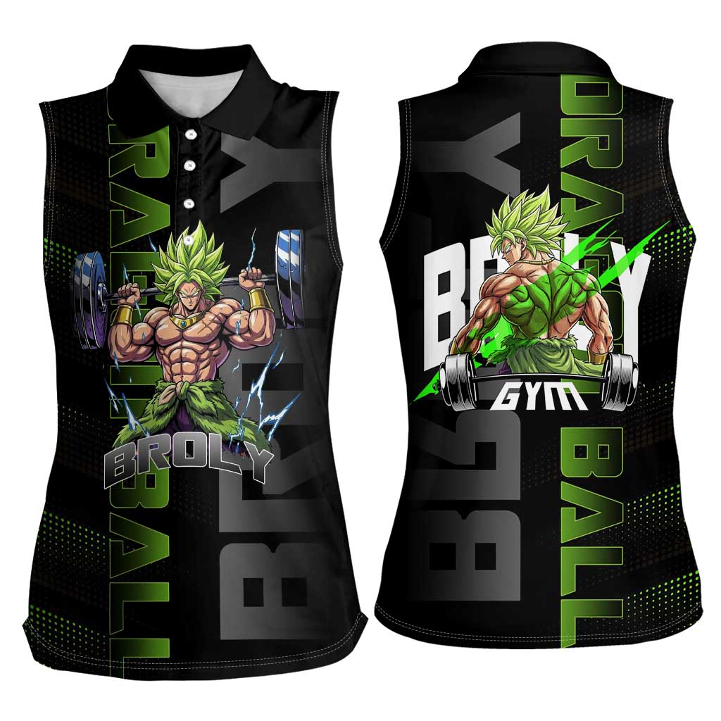 Broly Gym Theme Black and Green Design Women Sleeveless Polo Shirt with Powerlifting Pose and Electrified Muscle Artwork - The Mazicc