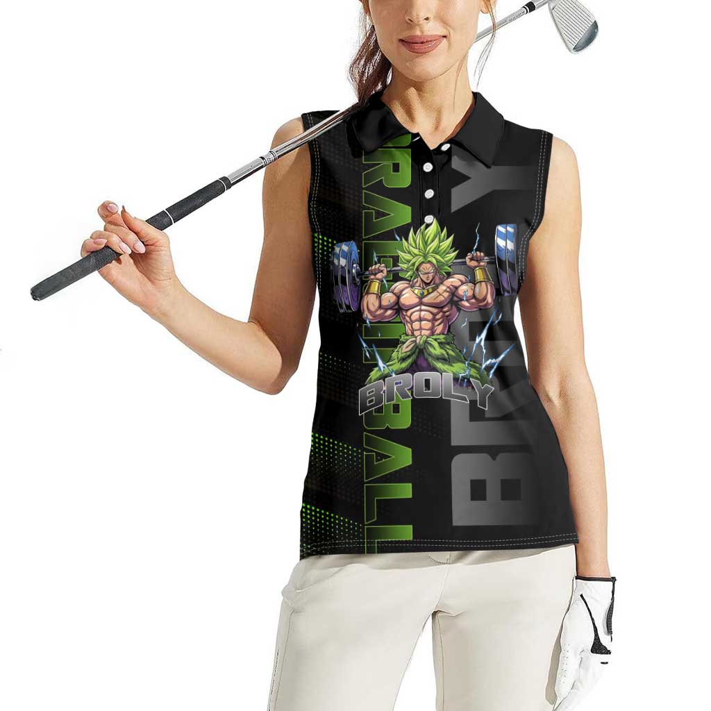 Broly Gym Theme Black and Green Design Women Sleeveless Polo Shirt with Powerlifting Pose and Electrified Muscle Artwork - The Mazicc