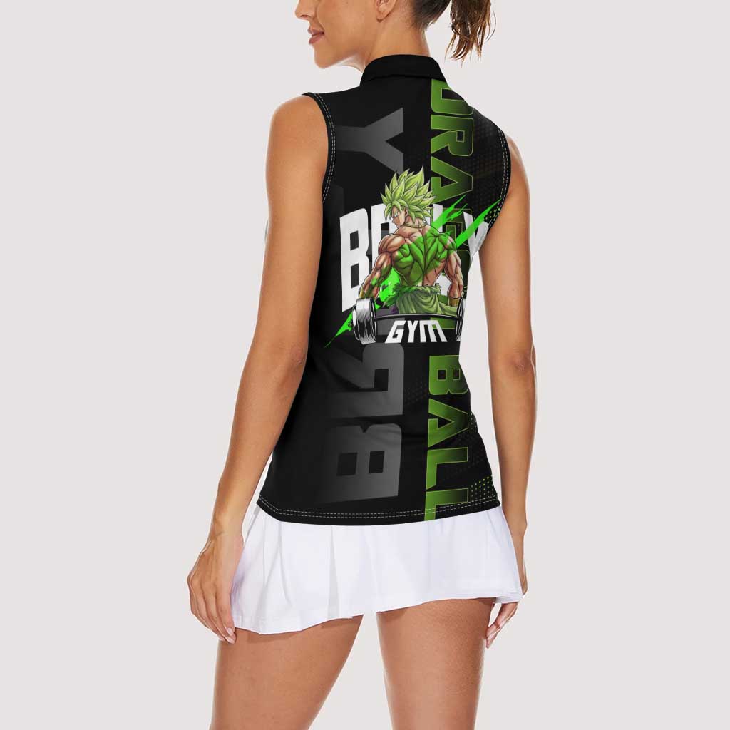 Broly Gym Theme Black and Green Design Women Sleeveless Polo Shirt with Powerlifting Pose and Electrified Muscle Artwork - The Mazicc