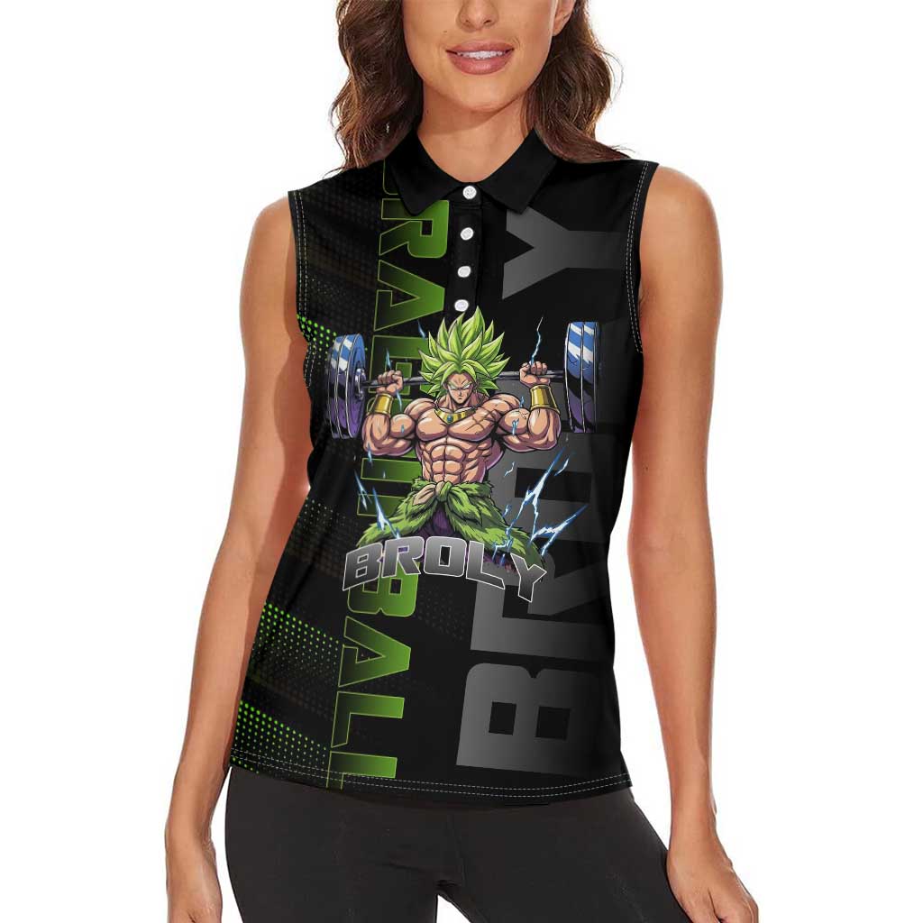 Broly Gym Theme Black and Green Design Women Sleeveless Polo Shirt with Powerlifting Pose and Electrified Muscle Artwork - The Mazicc