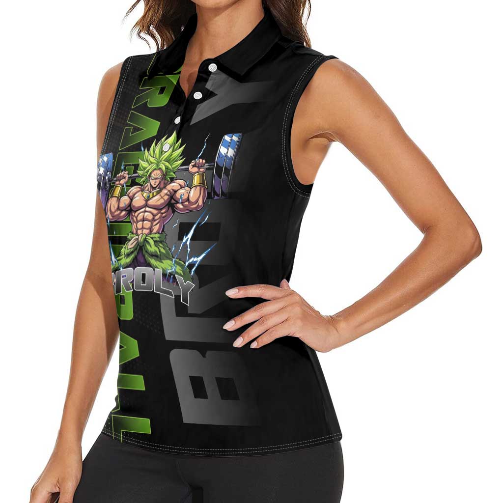 Broly Gym Theme Black and Green Design Women Sleeveless Polo Shirt with Powerlifting Pose and Electrified Muscle Artwork - The Mazicc