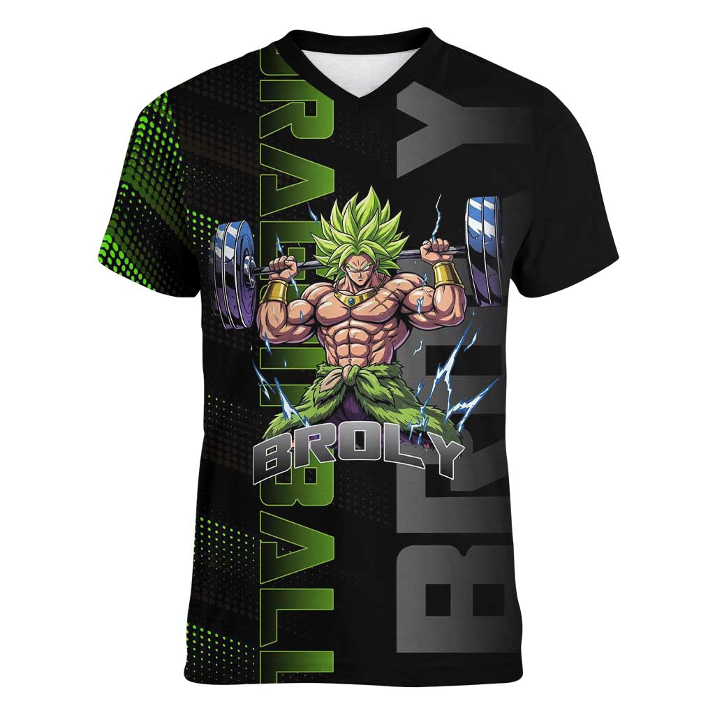 Broly Gym Theme Black and Green Design Women V-Neck T-Shirt with Powerlifting Pose and Electrified Muscle Artwork - The Mazicc