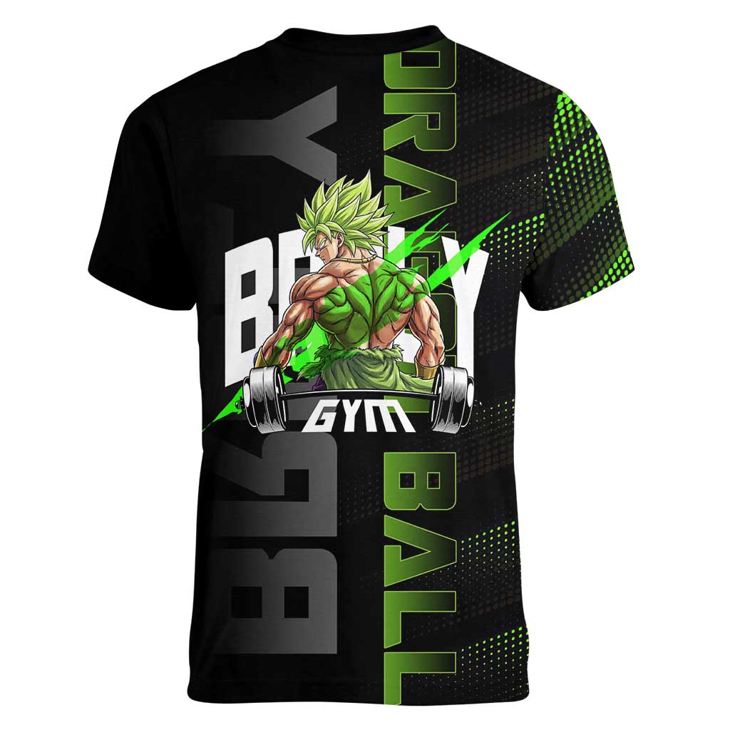 Broly Gym Theme Black and Green Design Women V-Neck T-Shirt with Powerlifting Pose and Electrified Muscle Artwork - The Mazicc