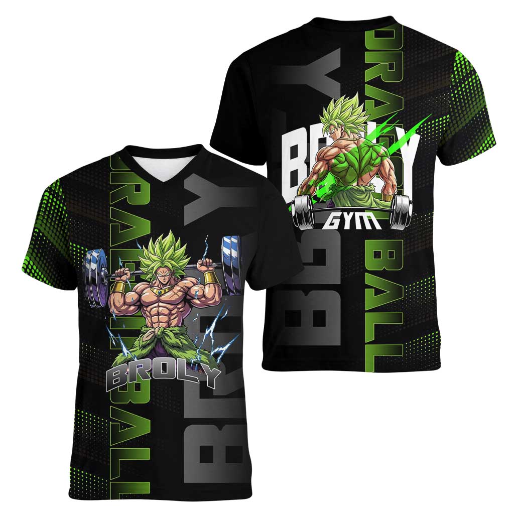 Broly Gym Theme Black and Green Design Women V-Neck T-Shirt with Powerlifting Pose and Electrified Muscle Artwork - The Mazicc