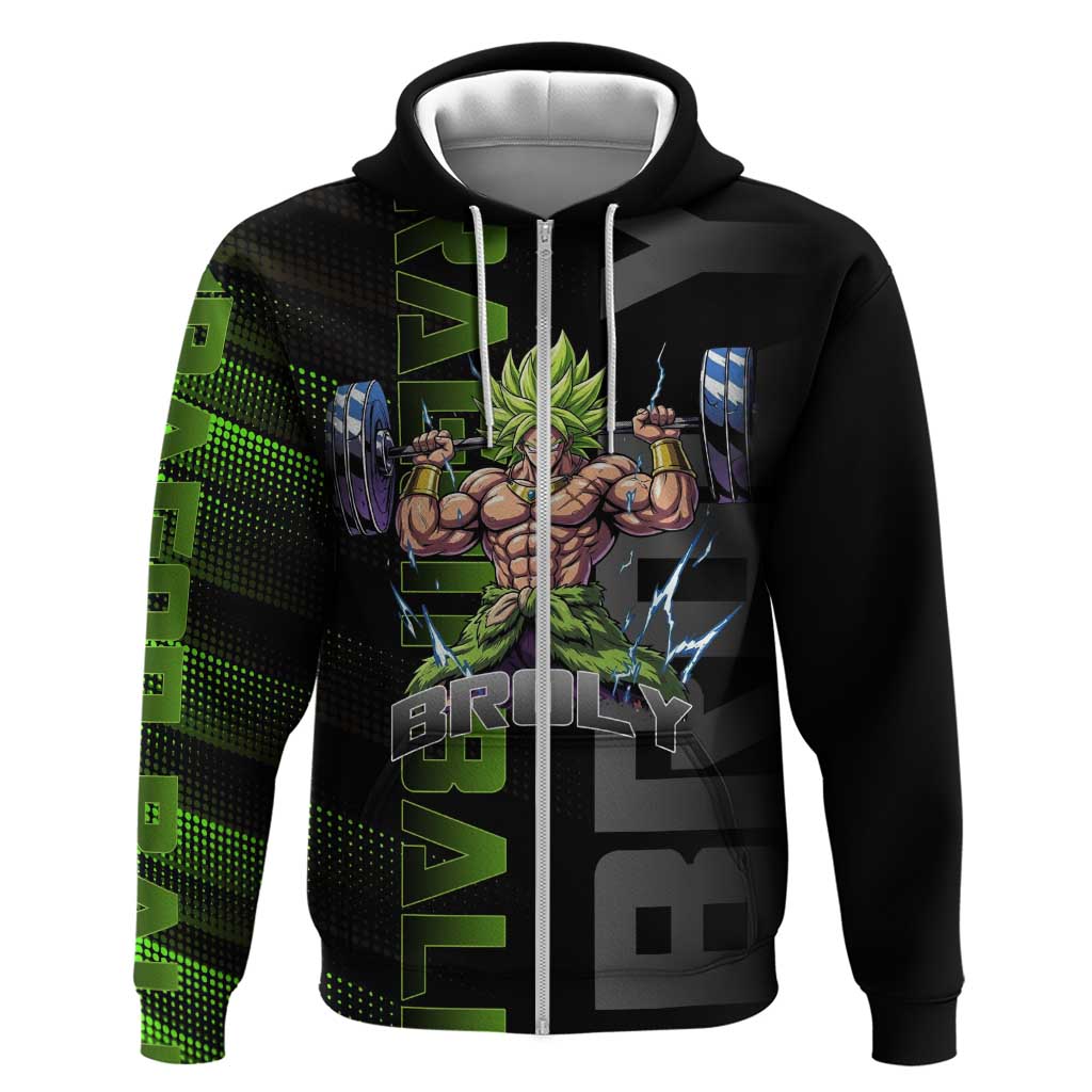 Broly Gym Theme Black and Green Design Zip Hoodie with Powerlifting Pose and Electrified Muscle Artwork - The Mazicc