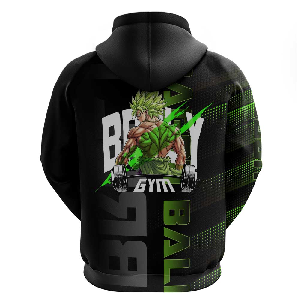 Broly Gym Theme Black and Green Design Zip Hoodie with Powerlifting Pose and Electrified Muscle Artwork - The Mazicc