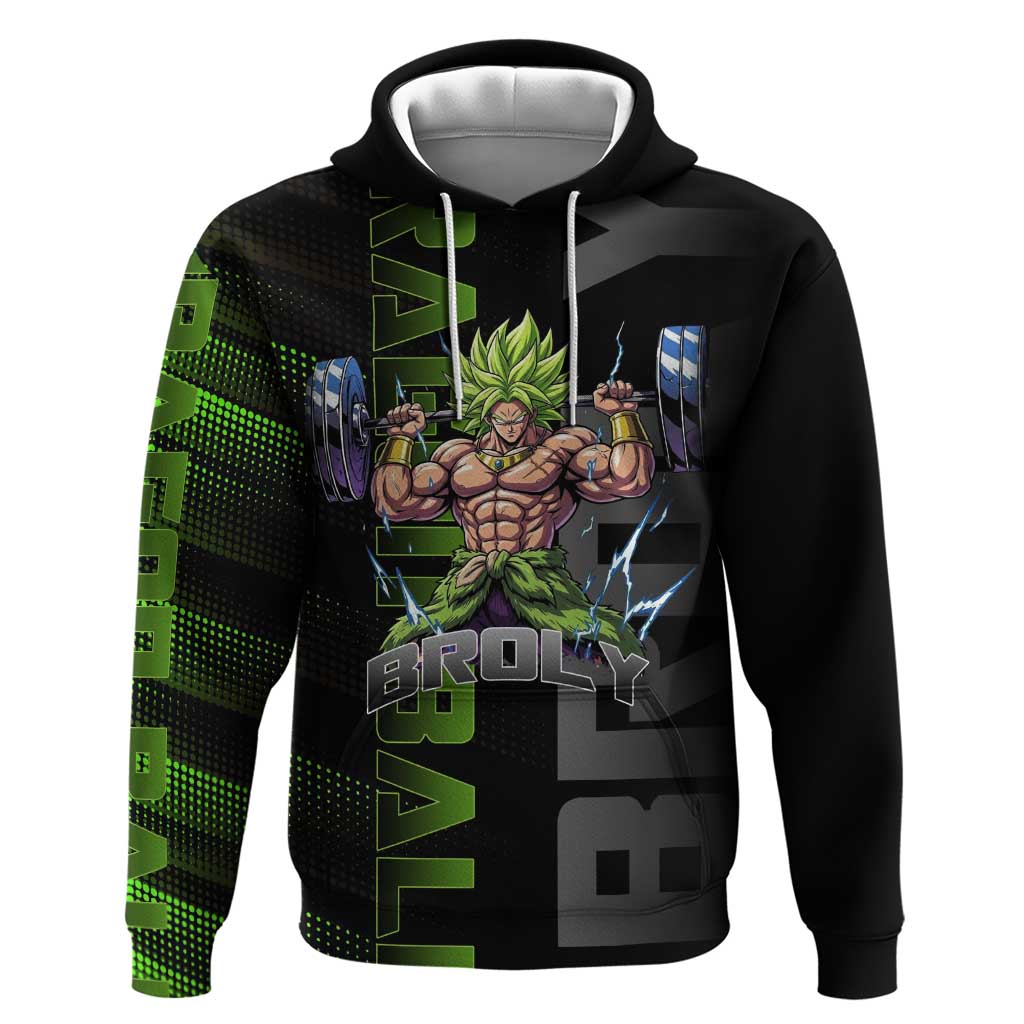 Broly Gym Theme Black and Green Design Zip Hoodie with Powerlifting Pose and Electrified Muscle Artwork - The Mazicc