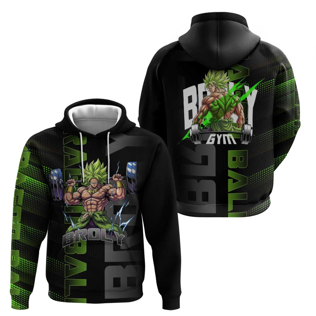 Broly Gym Theme Black and Green Design Zip Hoodie with Powerlifting Pose and Electrified Muscle Artwork - The Mazicc