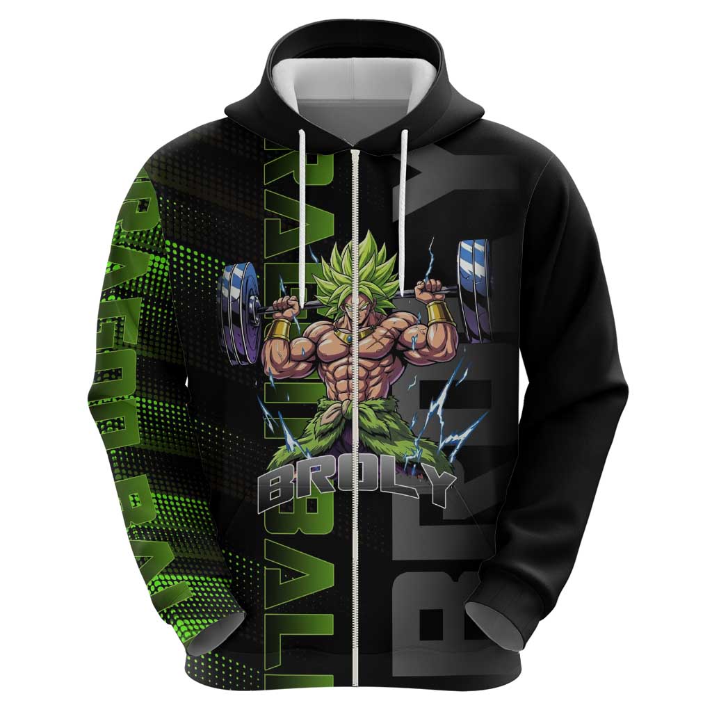 Broly Gym Theme Black and Green Design Zip Hoodie with Powerlifting Pose and Electrified Muscle Artwork - The Mazicc