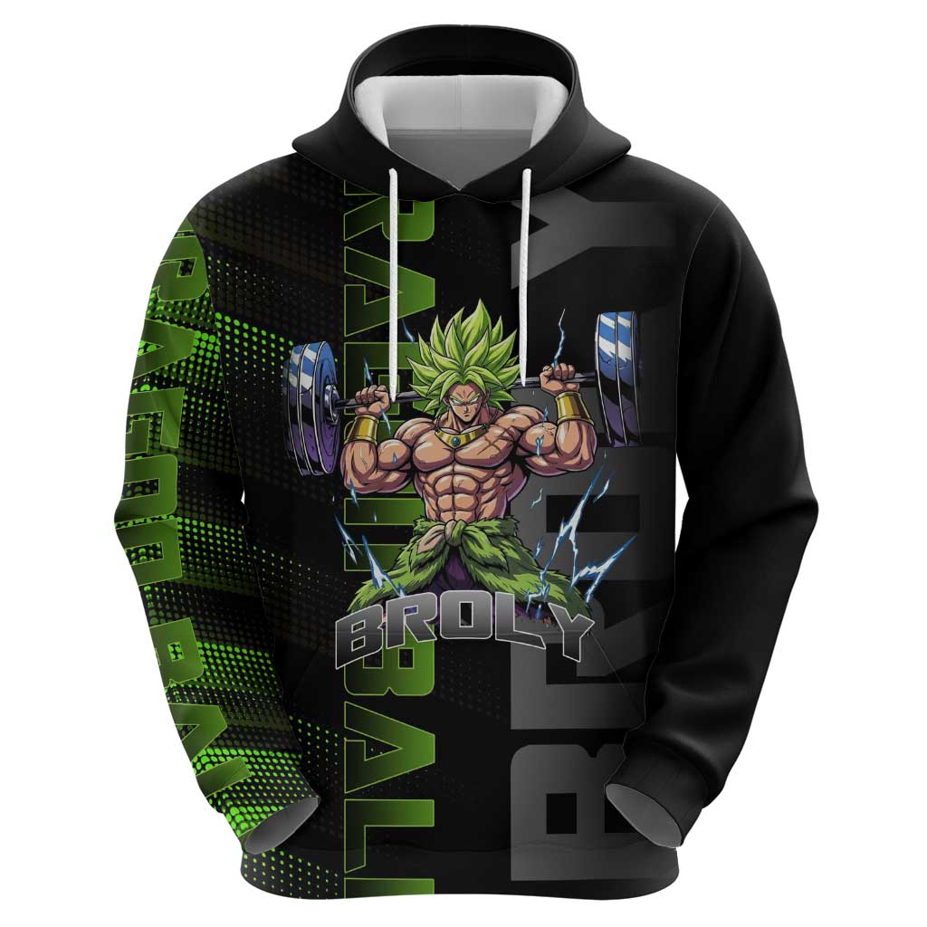 Broly Gym Theme Black and Green Design Zip Hoodie with Powerlifting Pose and Electrified Muscle Artwork - The Mazicc