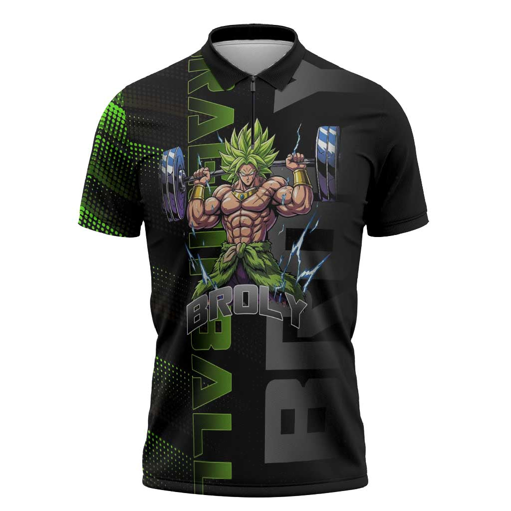Broly Gym Theme Black and Green Design Zipper Polo Shirt with Powerlifting Pose and Electrified Muscle Artwork - The Mazicc