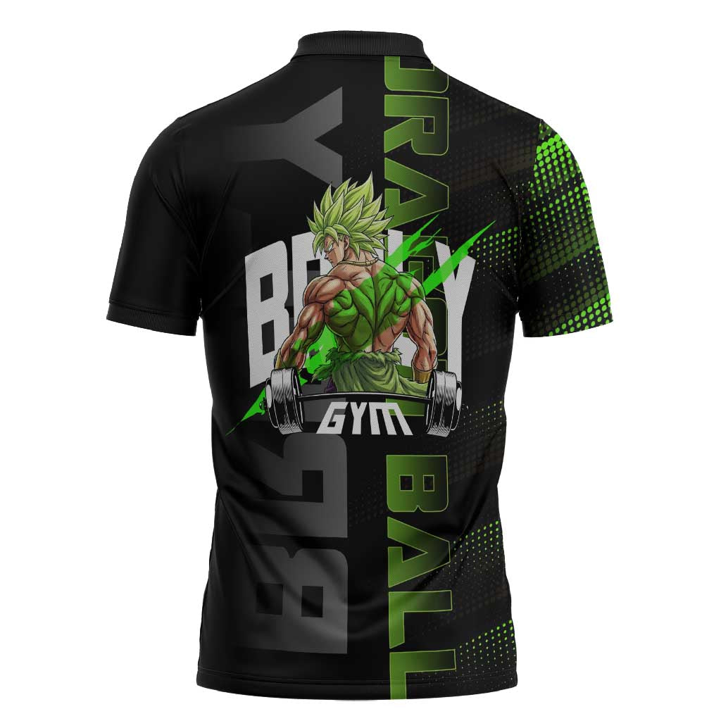Broly Gym Theme Black and Green Design Zipper Polo Shirt with Powerlifting Pose and Electrified Muscle Artwork - The Mazicc