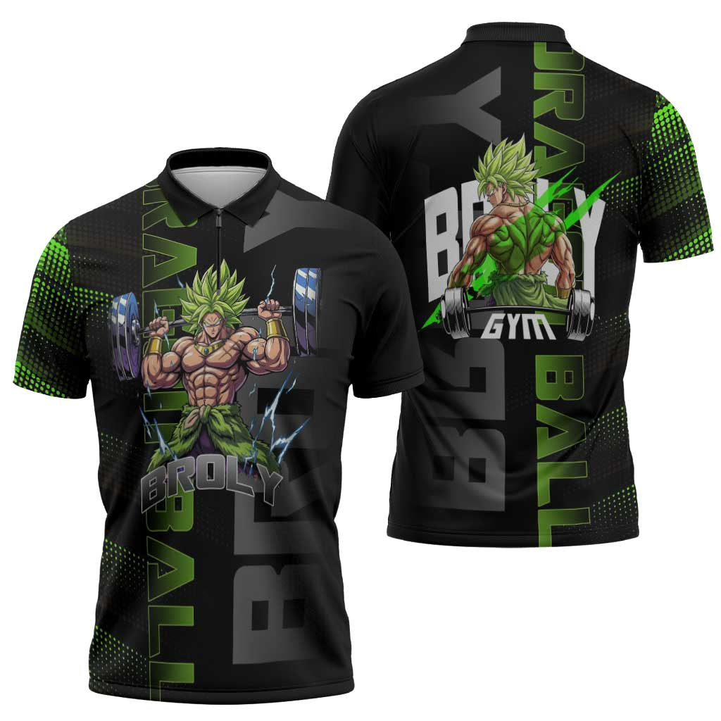 Broly Gym Theme Black and Green Design Zipper Polo Shirt with Powerlifting Pose and Electrified Muscle Artwork - The Mazicc