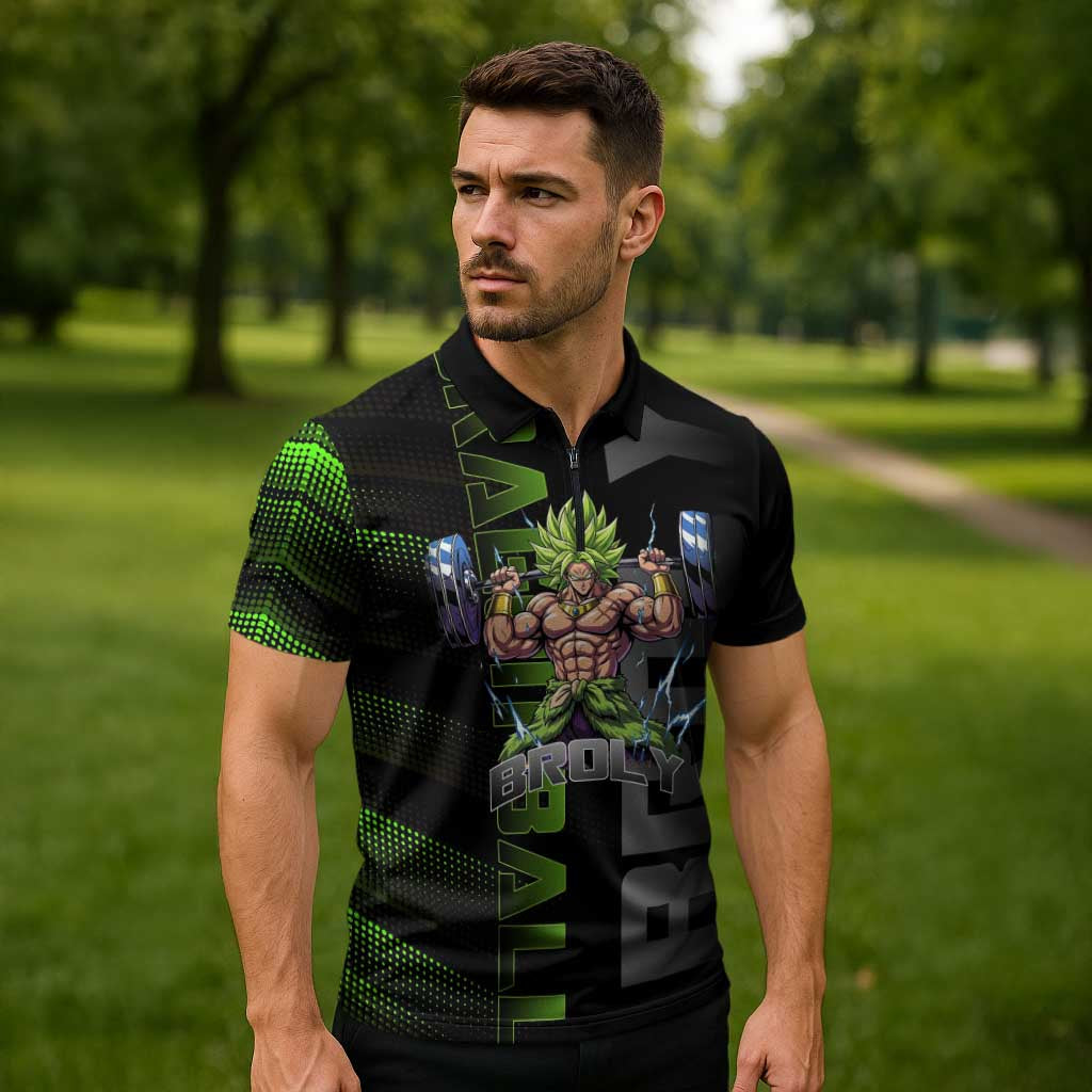 Broly Gym Theme Black and Green Design Zipper Polo Shirt with Powerlifting Pose and Electrified Muscle Artwork - The Mazicc