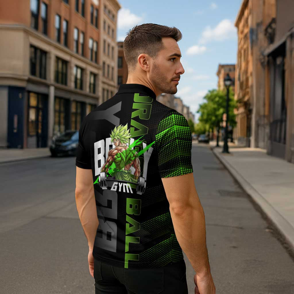 Broly Gym Theme Black and Green Design Zipper Polo Shirt with Powerlifting Pose and Electrified Muscle Artwork - The Mazicc