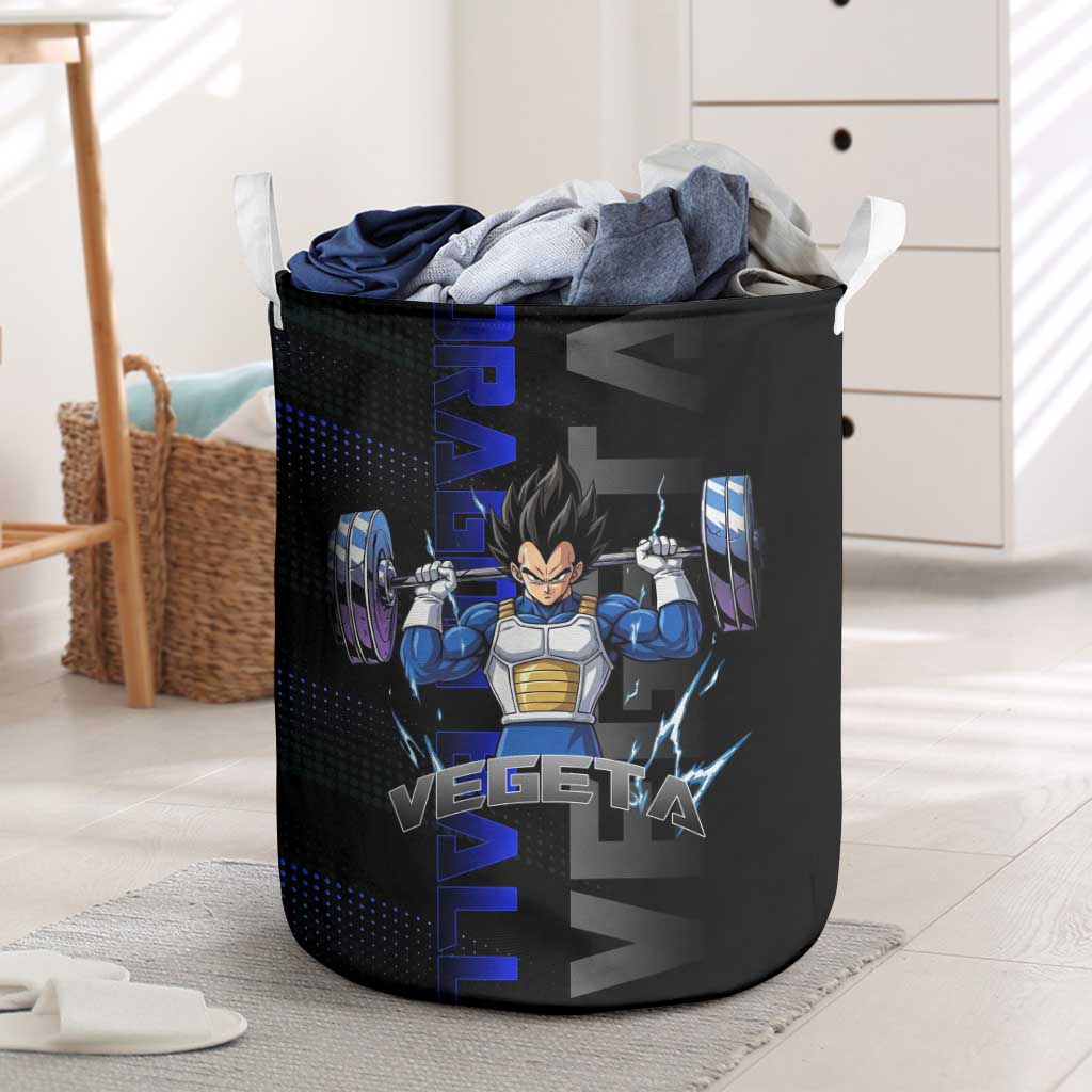 Vegeta Gym Theme Black and Blue Design Laundry Basket with Powerlifting Pose and Saiyan Armor Style - The Mazicc