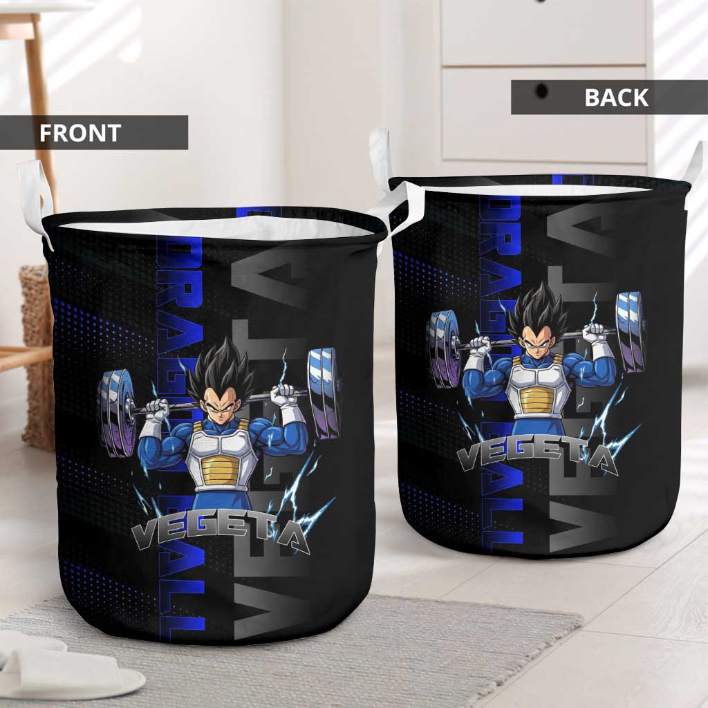 Vegeta Gym Theme Black and Blue Design Laundry Basket with Powerlifting Pose and Saiyan Armor Style - The Mazicc
