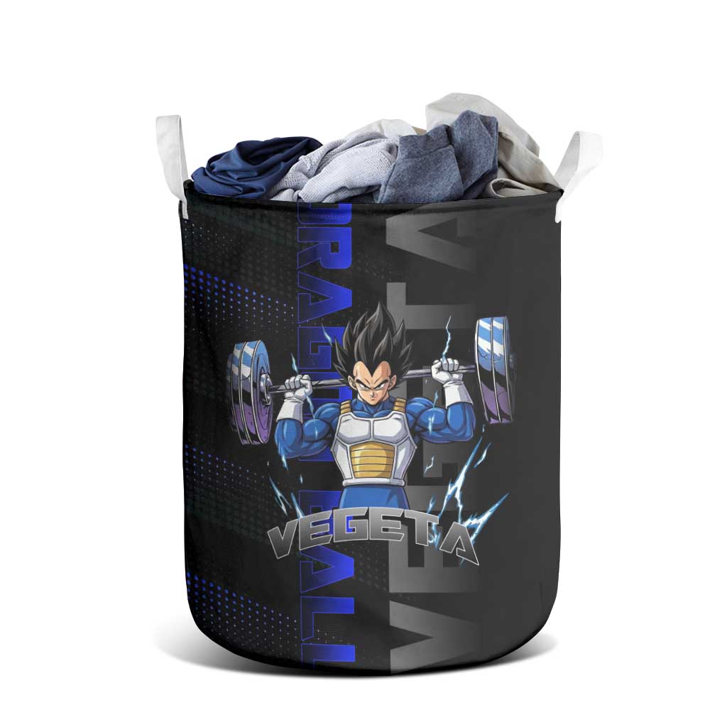 Vegeta Gym Theme Black and Blue Design Laundry Basket with Powerlifting Pose and Saiyan Armor Style - The Mazicc
