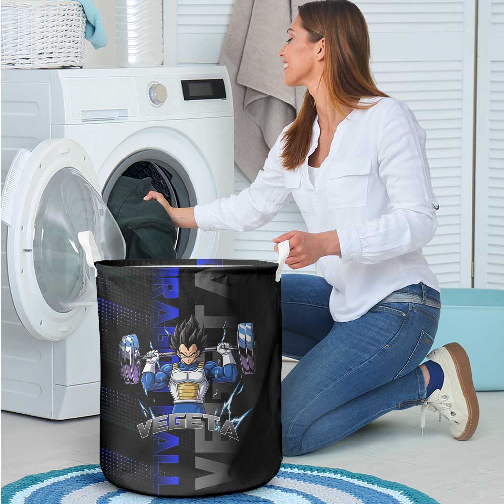 Vegeta Gym Theme Black and Blue Design Laundry Basket with Powerlifting Pose and Saiyan Armor Style - The Mazicc