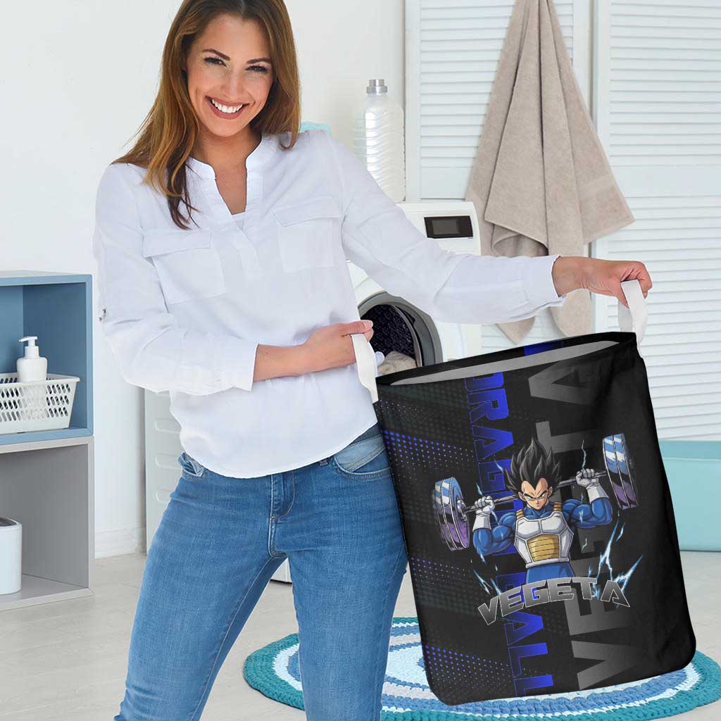 Vegeta Gym Theme Black and Blue Design Laundry Basket with Powerlifting Pose and Saiyan Armor Style - The Mazicc