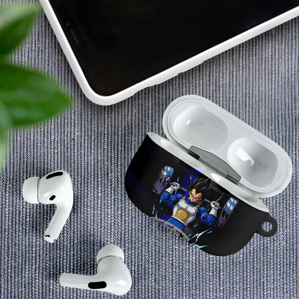 Vegeta Gym Theme Black and Blue Design AirPods Case with Powerlifting Pose and Saiyan Armor Style - The Mazicc