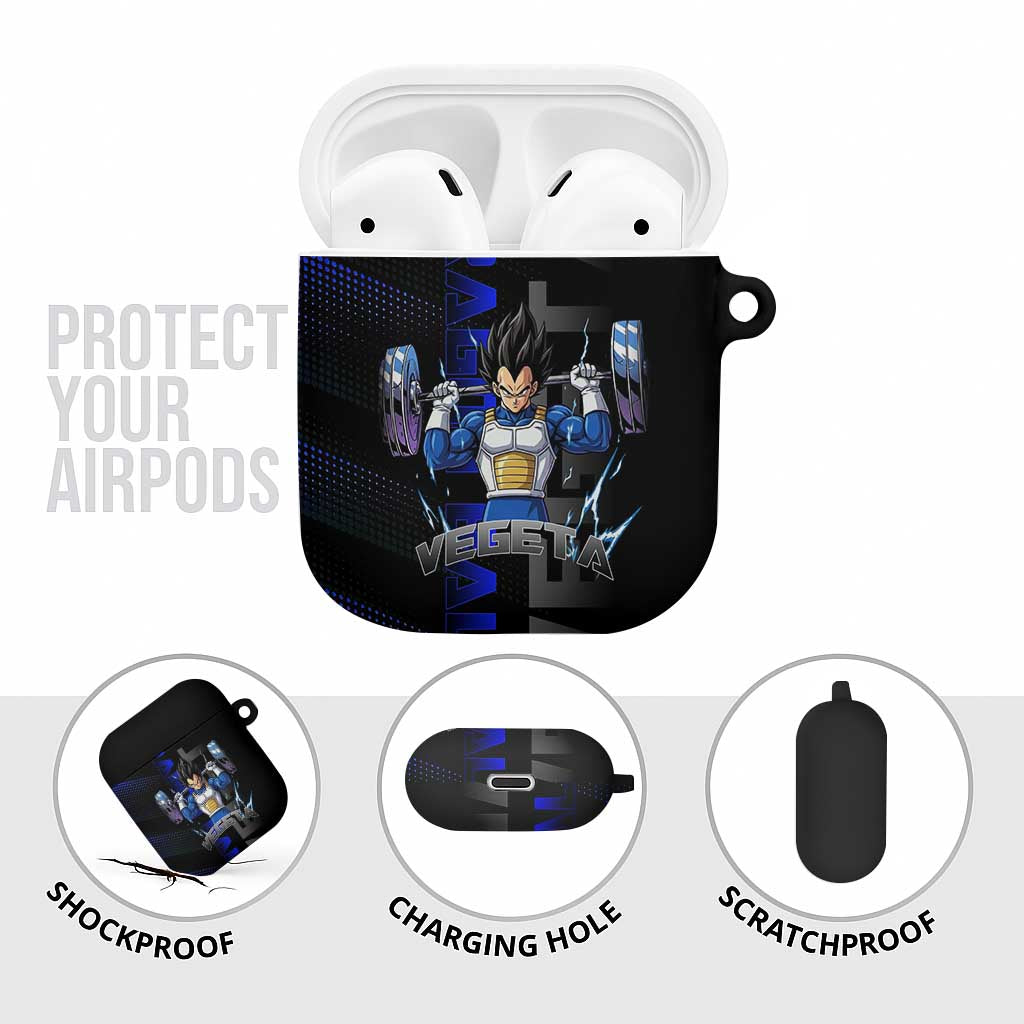 Vegeta Gym Theme Black and Blue Design AirPods Case with Powerlifting Pose and Saiyan Armor Style - The Mazicc