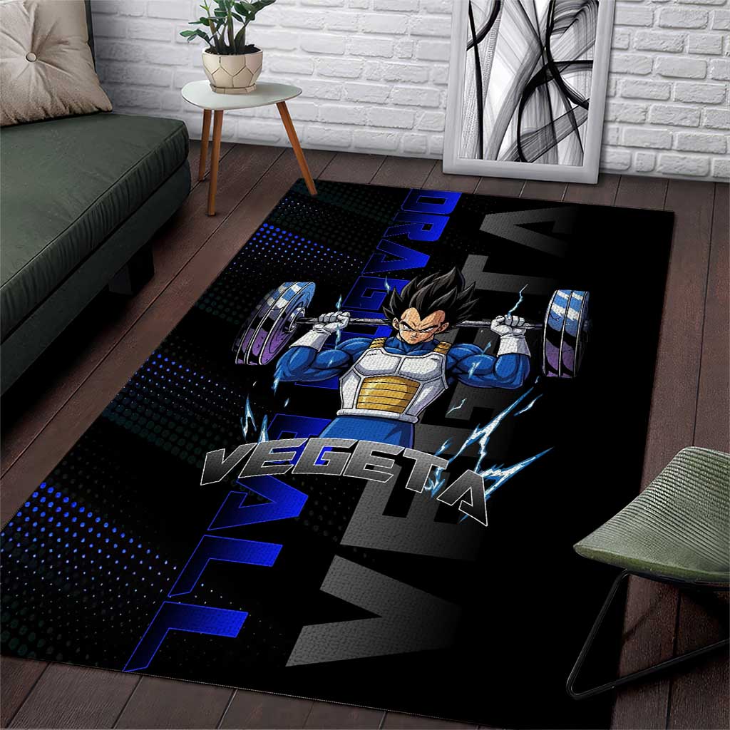 Vegeta Gym Theme Black and Blue Design Area Rug with Powerlifting Pose and Saiyan Armor Style - The Mazicc