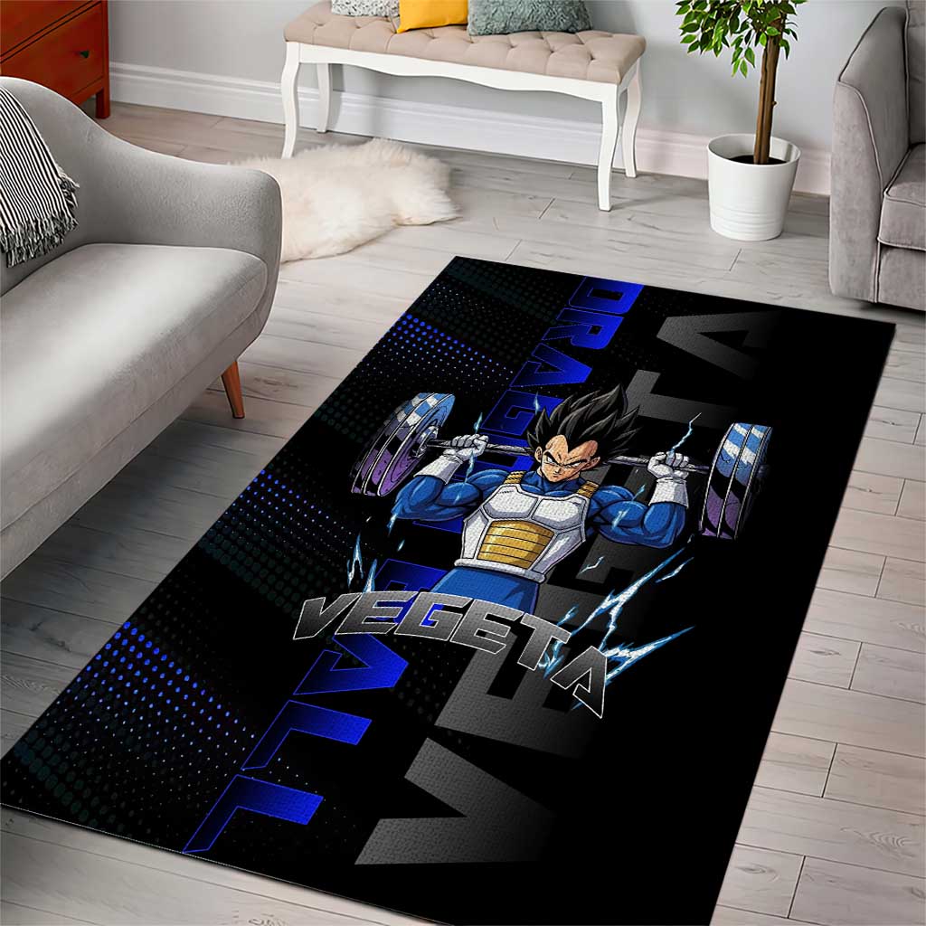 Vegeta Gym Theme Black and Blue Design Area Rug with Powerlifting Pose and Saiyan Armor Style - The Mazicc