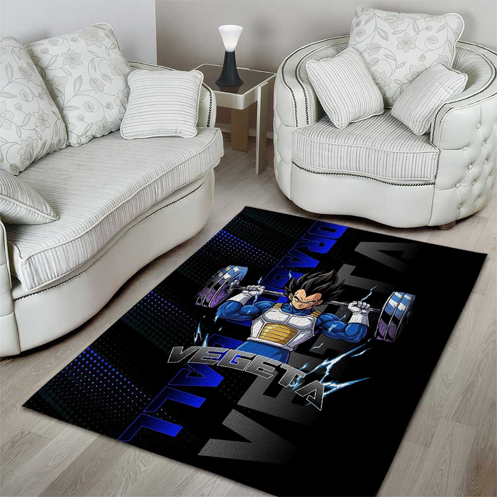 Vegeta Gym Theme Black and Blue Design Area Rug with Powerlifting Pose and Saiyan Armor Style - The Mazicc