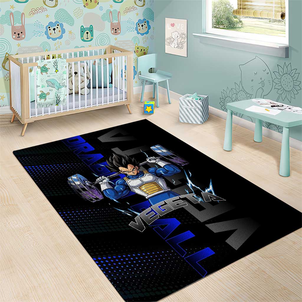 Vegeta Gym Theme Black and Blue Design Area Rug with Powerlifting Pose and Saiyan Armor Style - The Mazicc