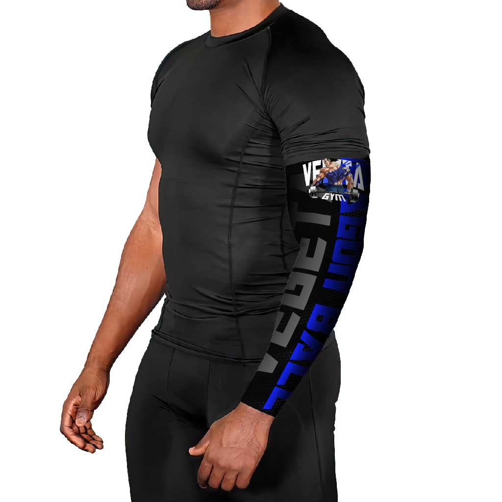 Vegeta Gym Theme Black and Blue Design Arm Sleeves with Powerlifting Pose and Saiyan Armor Style - The Mazicc
