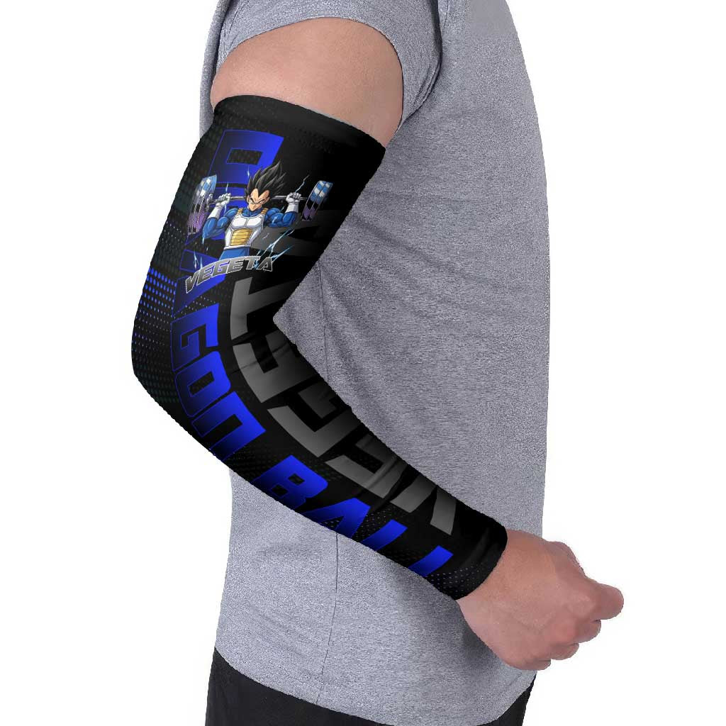 Vegeta Gym Theme Black and Blue Design Arm Sleeves with Powerlifting Pose and Saiyan Armor Style - The Mazicc