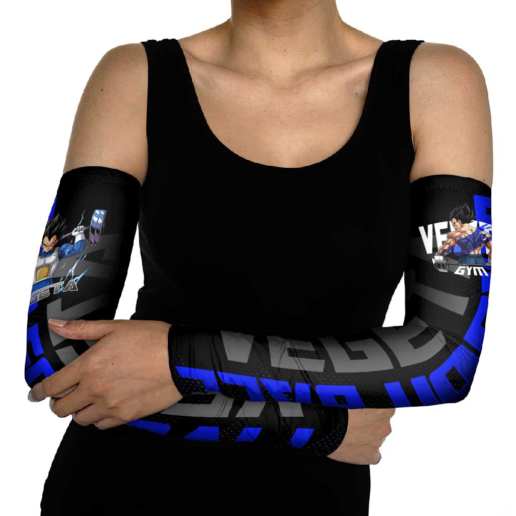 Vegeta Gym Theme Black and Blue Design Arm Sleeves with Powerlifting Pose and Saiyan Armor Style - The Mazicc