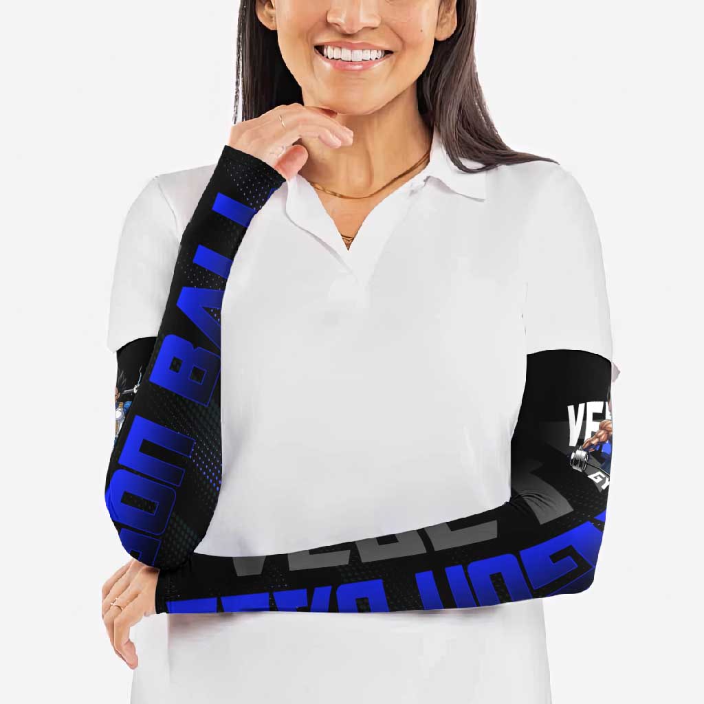 Vegeta Gym Theme Black and Blue Design Arm Sleeves with Powerlifting Pose and Saiyan Armor Style - The Mazicc
