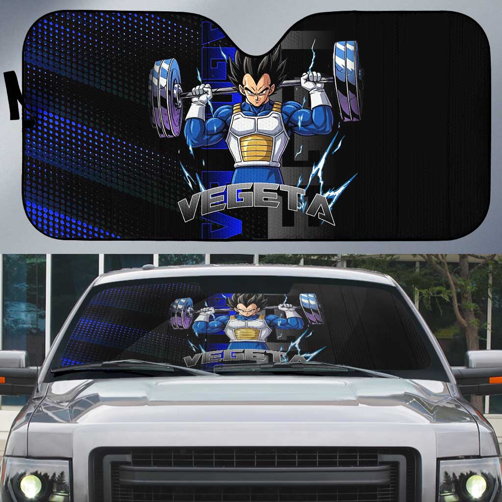 Vegeta Gym Theme Black and Blue Design Auto Sun Shade with Powerlifting Pose and Saiyan Armor Style - The Mazicc