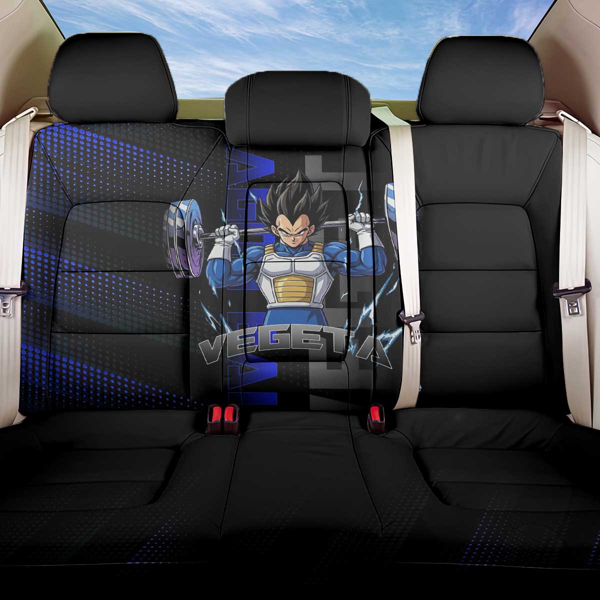 Vegeta Gym Theme Black and Blue Design Back Car Seat Cover with Powerlifting Pose and Saiyan Armor Style - The Mazicc