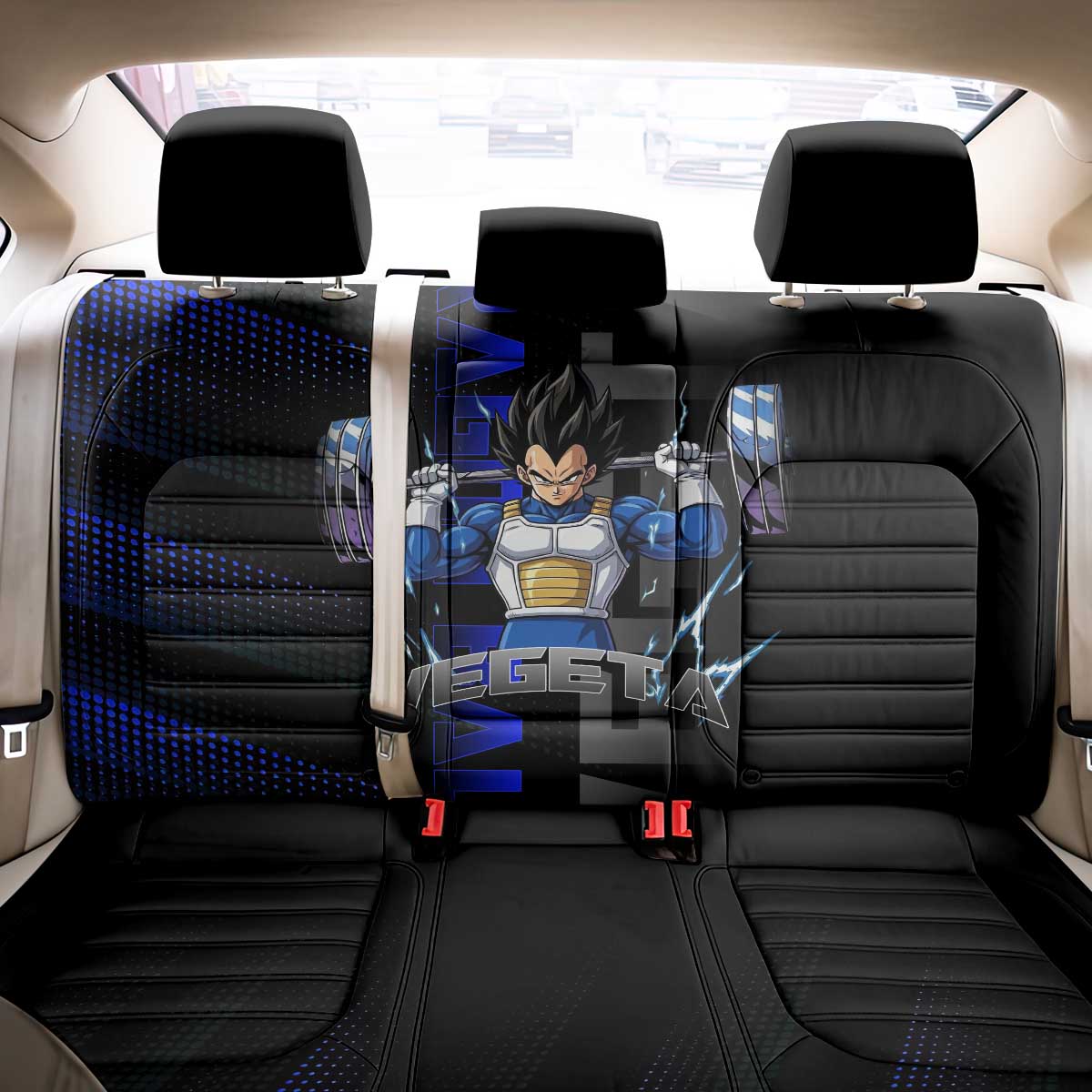 Vegeta Gym Theme Black and Blue Design Back Car Seat Cover with Powerlifting Pose and Saiyan Armor Style - The Mazicc