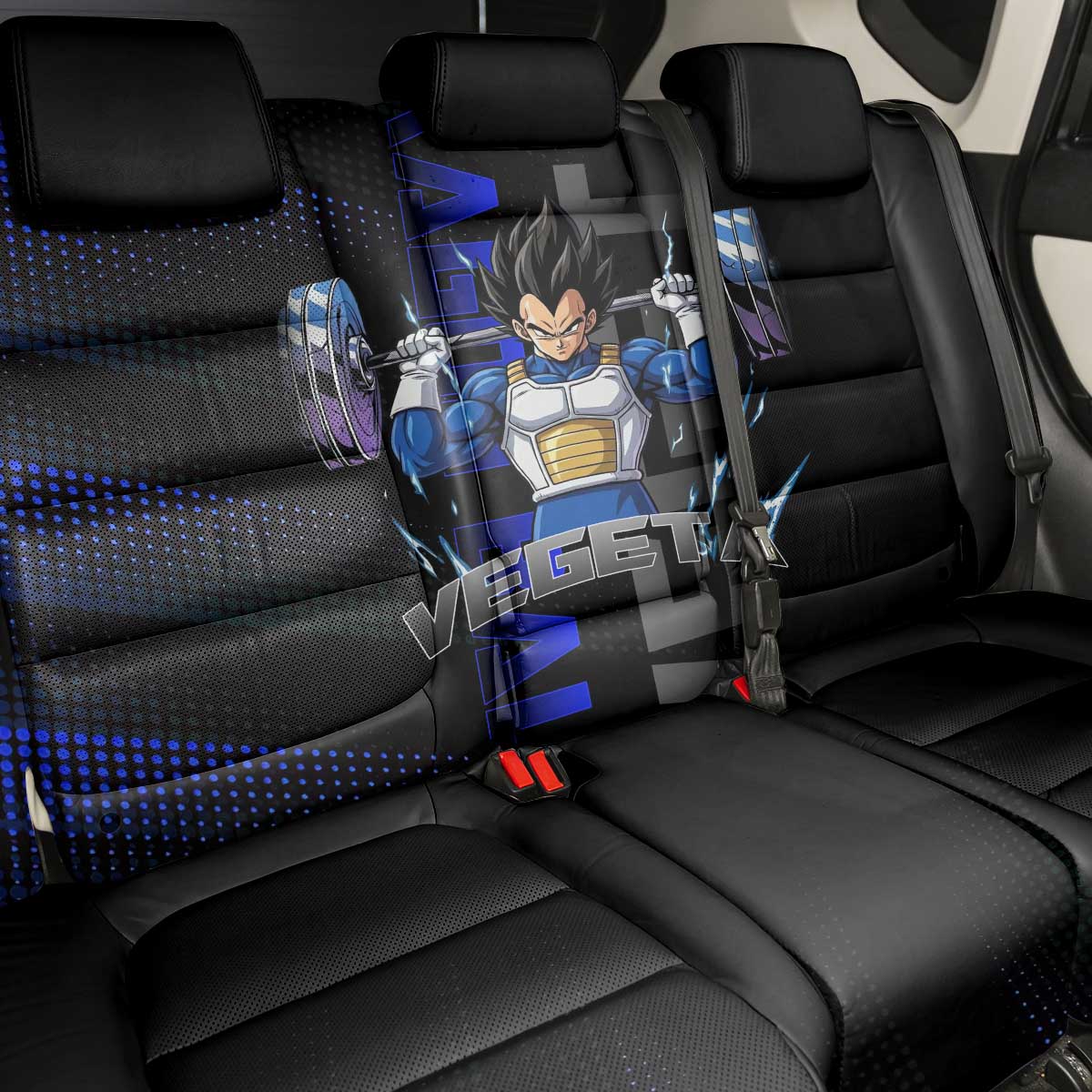 Vegeta Gym Theme Black and Blue Design Back Car Seat Cover with Powerlifting Pose and Saiyan Armor Style - The Mazicc
