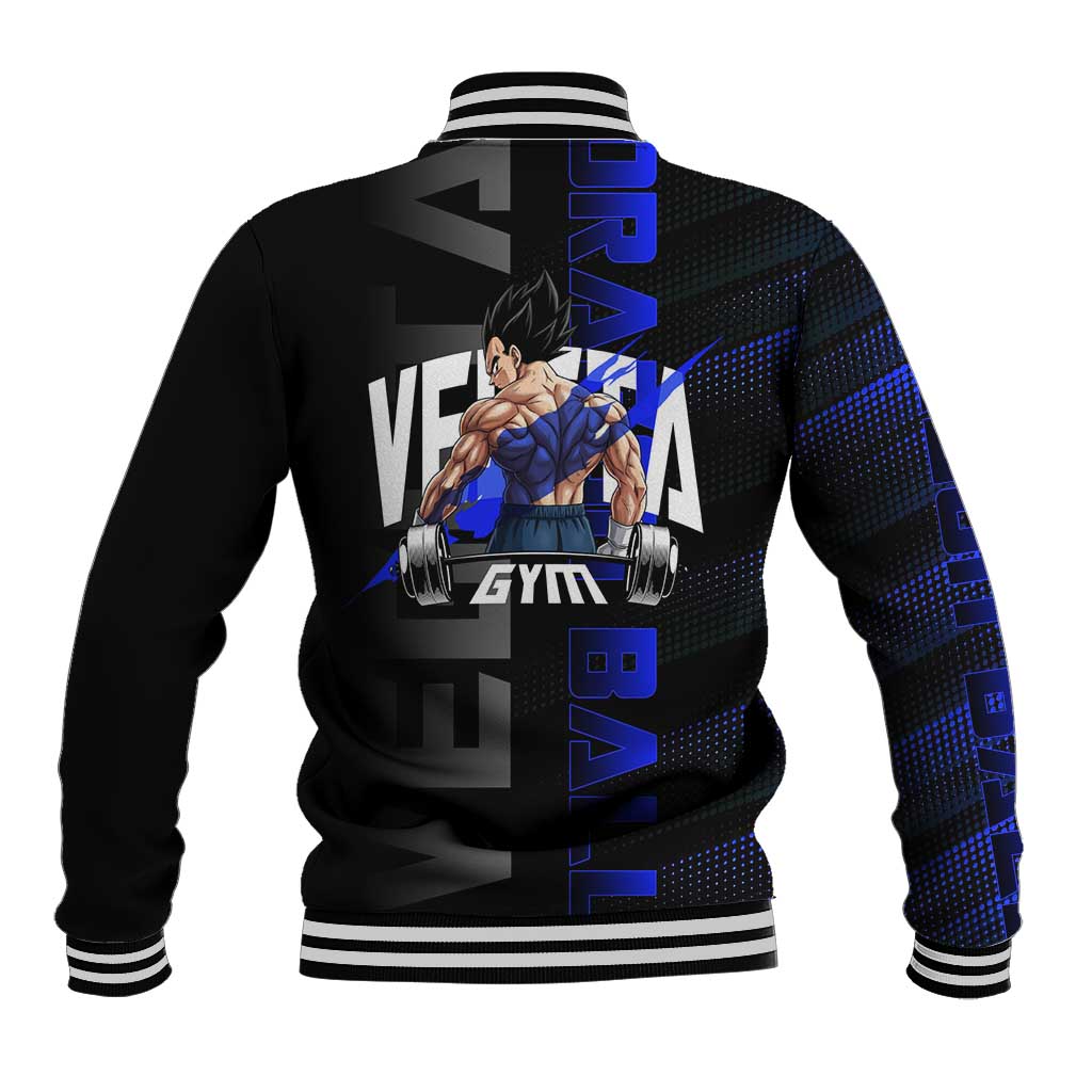 Vegeta Gym Theme Black and Blue Design Baseball Jacket with Powerlifting Pose and Saiyan Armor Style - The Mazicc