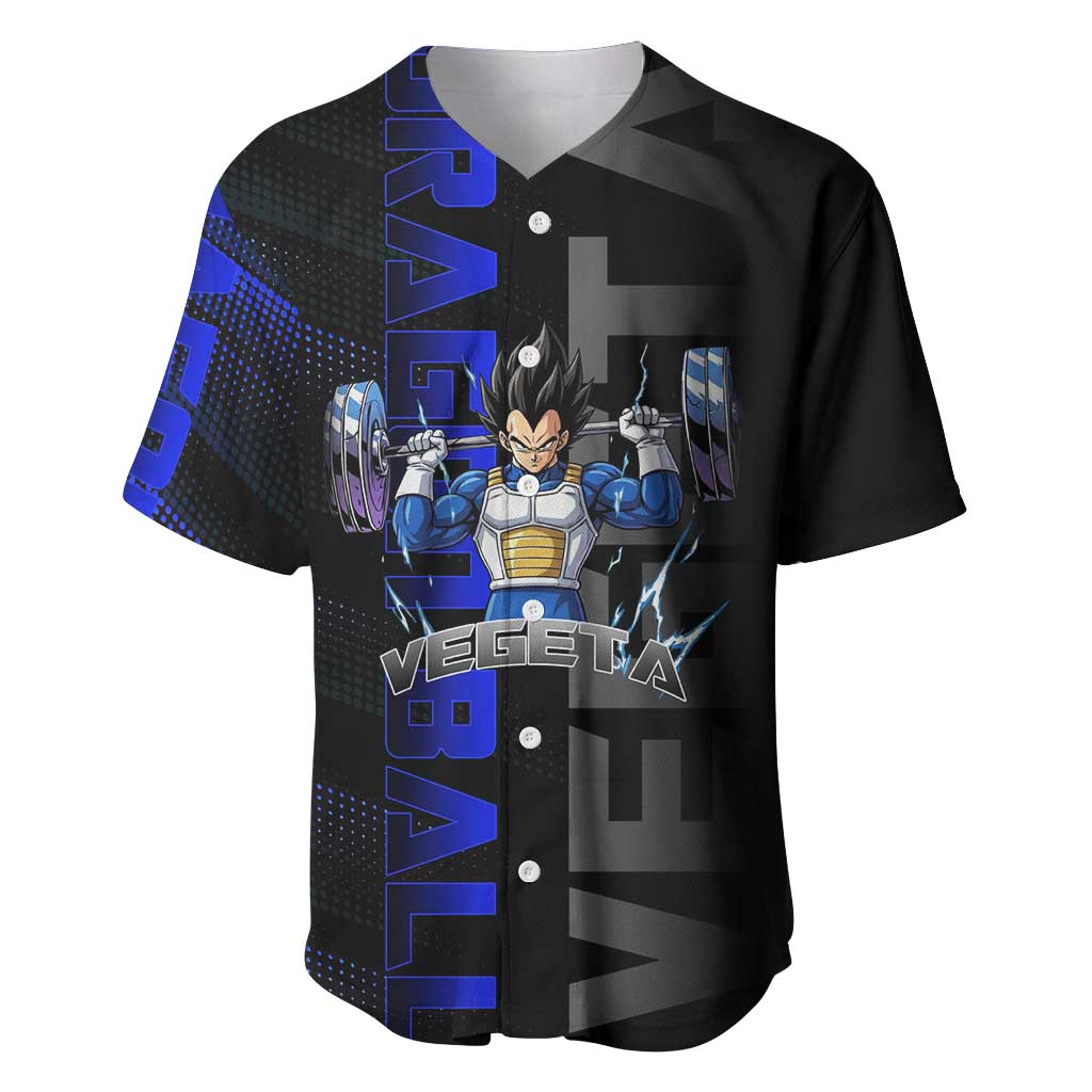 Vegeta Gym Theme Black and Blue Design Baseball Jersey with Powerlifting Pose and Saiyan Armor Style - The Mazicc