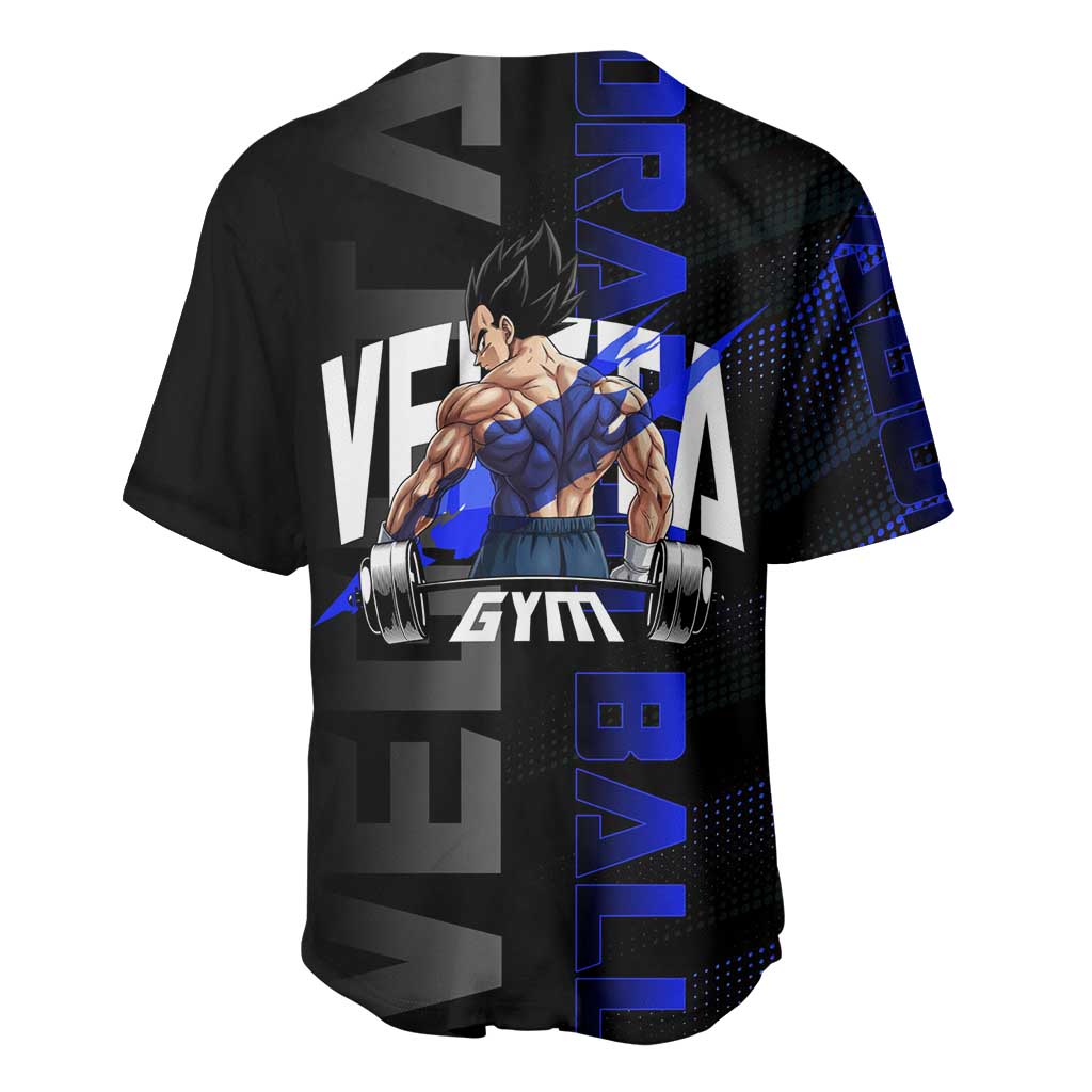 Vegeta Gym Theme Black and Blue Design Baseball Jersey with Powerlifting Pose and Saiyan Armor Style - The Mazicc